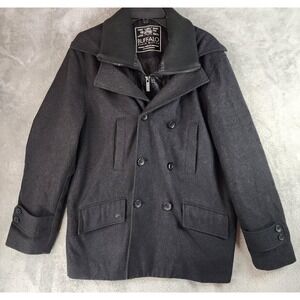 Buffalo David Bitton Pea Coat Mens XL Black Wool Double Breasted Quilted Lined